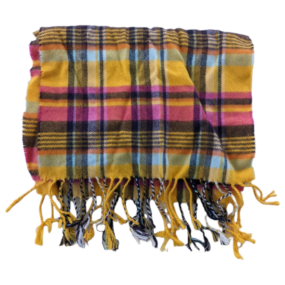 NWOT D&Y Women's Pink Yellow Plaid Scarf Fringe Plaid 💛💖 One Size
